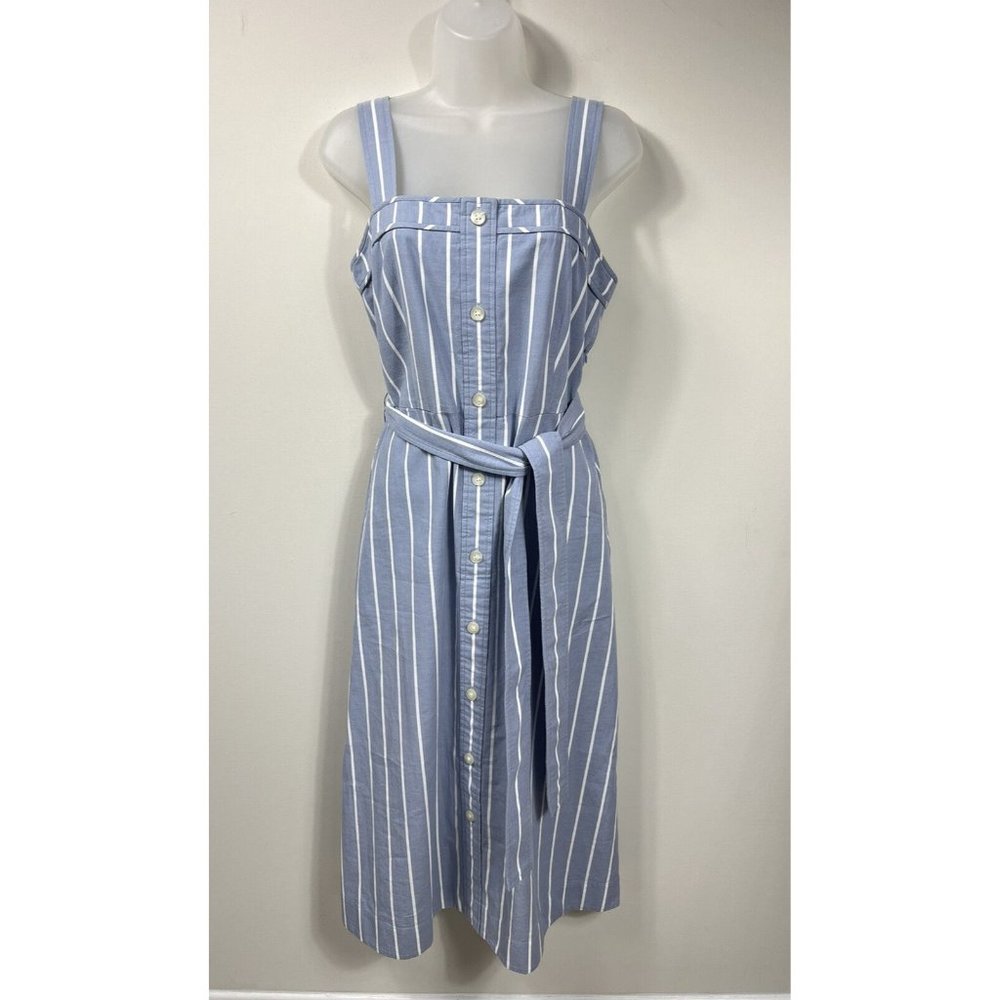 Everlane Womens Midi Striped Tank Dress Dress Large Blue Sleeveless Buttons